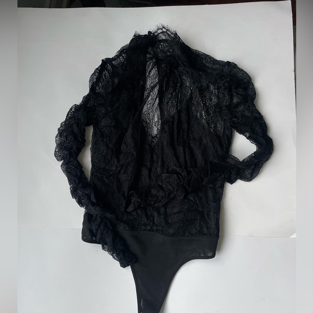 Jonathan Simkhai Black Lace l Bodysuit Size 2 Long Sleeve Sheer Top - Picture 2 of 7